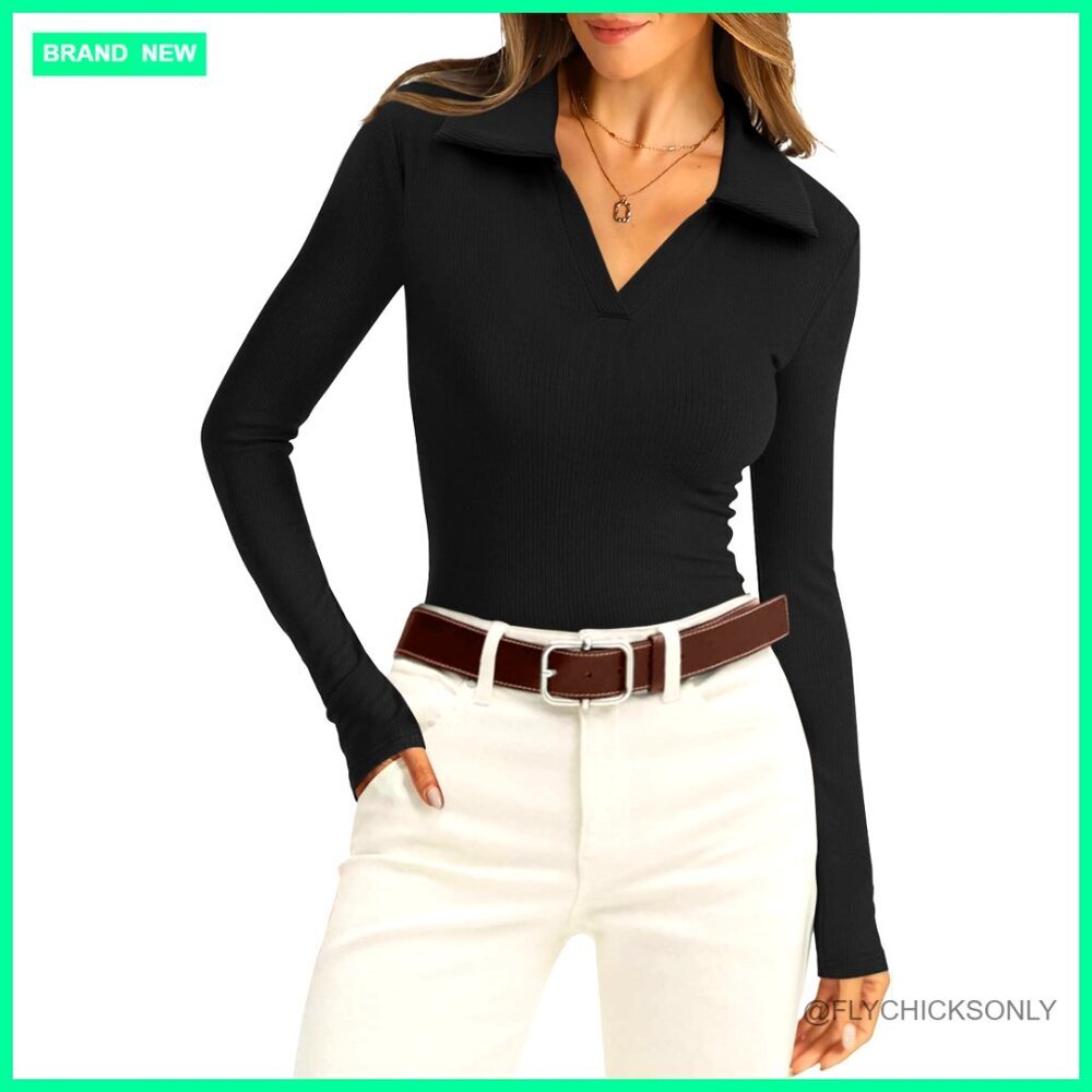 Long Sleeve Polo Shirt Slim Fit V-Neck Ribbed Knit Business Casual Top